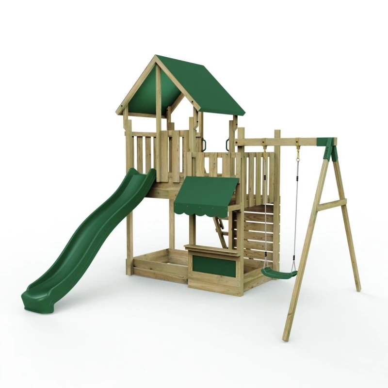 Image of Rebo Wooden Climbing Frame with Play Tower and Slide - M3 Single Shop Brown