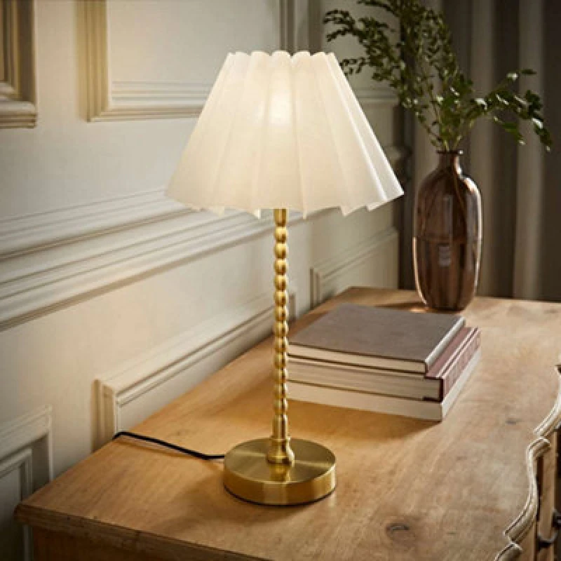 Image of Valuelights Maeve White Scallop Pleated Tapered Shade Brushed Gold Bobbin Bobble Table Lamp