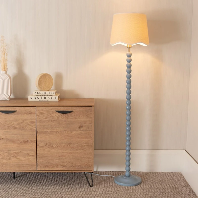 Image of ValueLights Bobbins Powder Blue Floor Lamp with Linen Scallop White Trim Shade Pale Blue