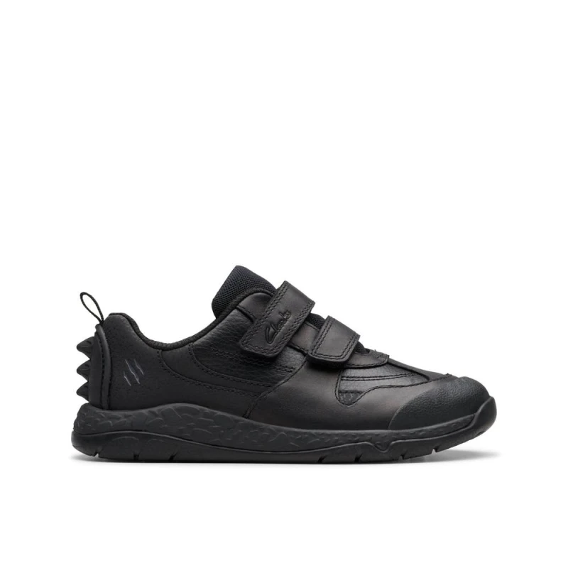 Image of Clarks Steggy 2 Pace Kid Black Leather Trainers, Riptape, School Shoes Size: 10.5-Extra Wide Fit Black Unisex 10.5-Extra Wide Fit