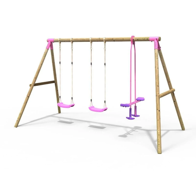 Image of OutdoorToys Rebo Wooden Garden Swing Set with 2 Standard Swings & Glider for Kids- Neptune Pink Pink Unisex