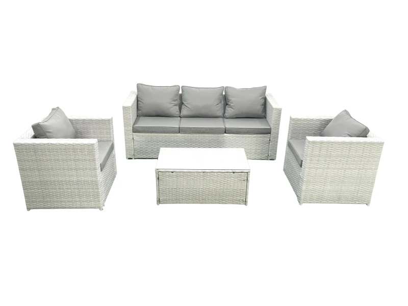 Image of Fimous Rattan Garden Furniture Set with 3 Seater Sofa 2 Chair Rectangular Coffee Table Light Grey Mixed 5 Seater Light Grey
