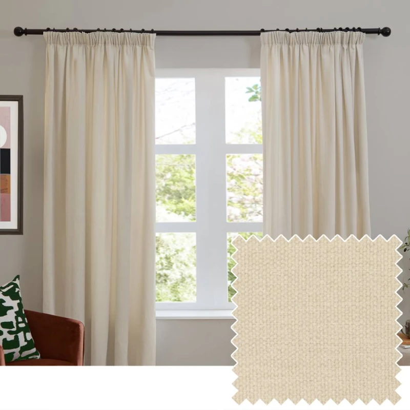 Image of Furn Soft Chenille Blackout Pencil Pleat Curtain Pair in Ecru Size: 117cm width x 183cm drop Ecru Unisex 117cm width x 183cm drop