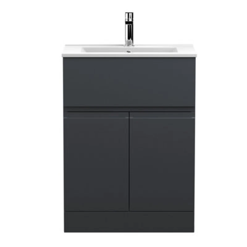 Image of Hudson Reed Urban Floor Standing 2 Door 1 Drawer Vanity Unit With Minimalist Basin, Modern Vanity Unit In Soft Black, 600mm