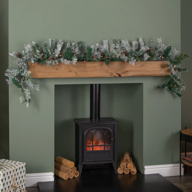 Image of 1.8m Snowy Christmas Garland with Pinecones 96 Tips and 50 Warm White LED Lights