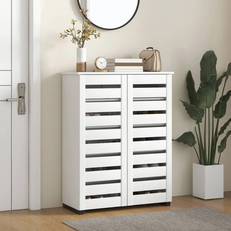 Image of HOMCOM Shoe Storage Cabinet with Slatted Doors for 15 Pairs of Shoes White White Unisex