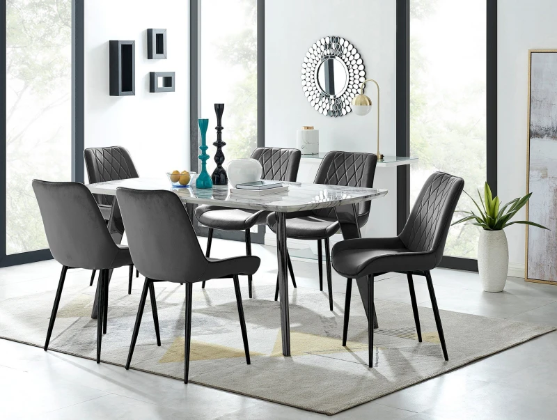 Image of FurnitureboxUK FurnitureboxUK Andria White Marble Effect & Black Leg 6 Seater Dining Table and 6 Pesaro Soft Velvet Chairs Black One Size Unisex 50565