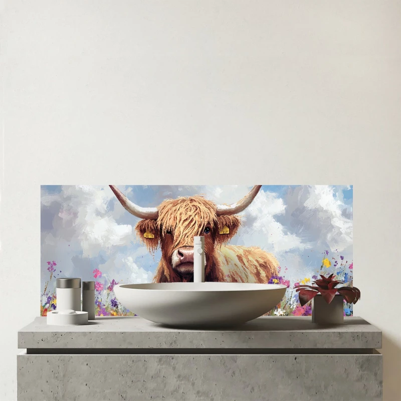 Image of Warren Reed - Designer Highland Cow In A Summer Meadow Glass Bathroom Splashback Multicolor Unisex