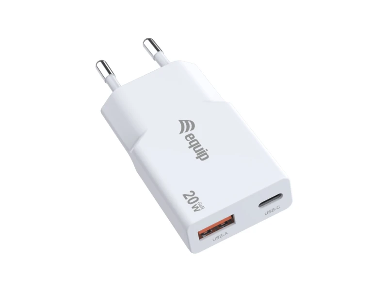 Image of Equip 2-Port 20W GaN Slim USB PD Charger. USB-C x1. USB-A x1