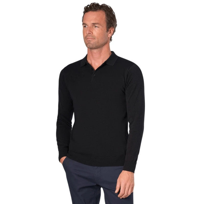 Image of Brook Taverner Brook Taverner Men Casper Knitted Long-Sleeved Polo Shirt in Black Size: Small Black S Male 5063238657960