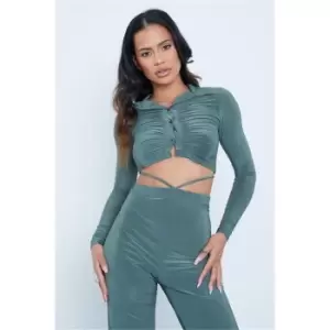 Image of I Saw It First Khaki Slinky Long Sleeve Ruched Button Up Collared Crop Top - Green