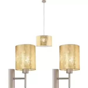 Image of Ceiling Pendant Light & 2x Matching Wall Lights Champagne & Gold Fabric Shade