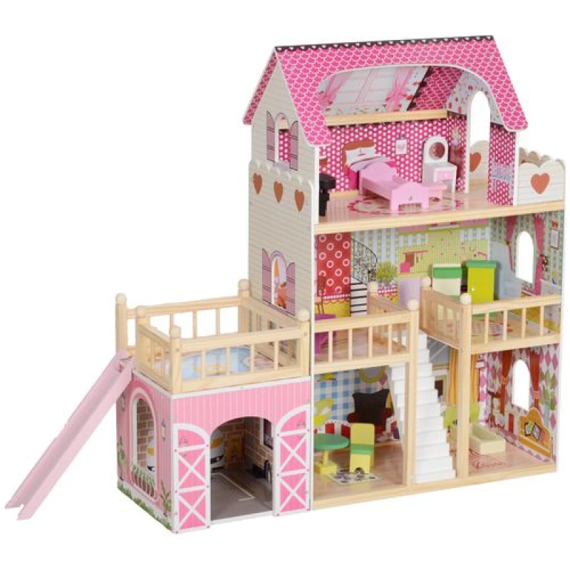 Image of AIYAPLAY Dolls House with 13 Pieces Wooden Furniture and Accessories, Pink 350-176V80PK