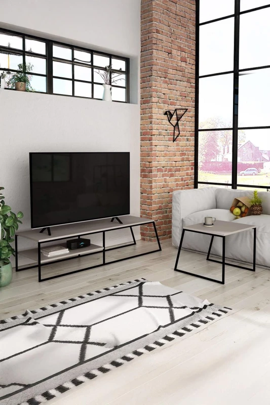 Image of FWStyle Mocha Grey TV Unit Sofa Table Set Modern Modular Design Black Metal White