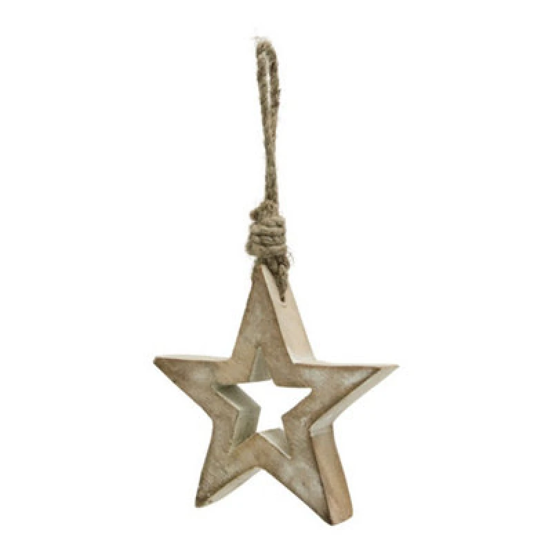 Image of Hill Interiors White Wash Collection Small Hanging Star Decoration - Wood - L1 X W10 X H10 Cm - Brown
