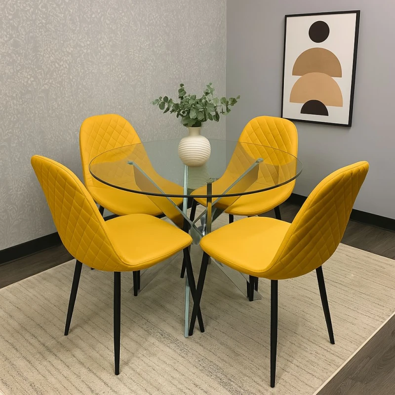 Image of KOSY KOALA KOSY KOALA Round Glass Dining Table with 4 Mustard Leather Chairs in Clear Clear One Size Unisex 5061055345794