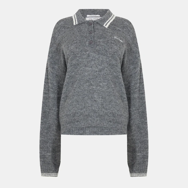 Image of Jack Wills Womens Knitted Long Sleeve Polo Shirt Charcoal female 8 (XS)