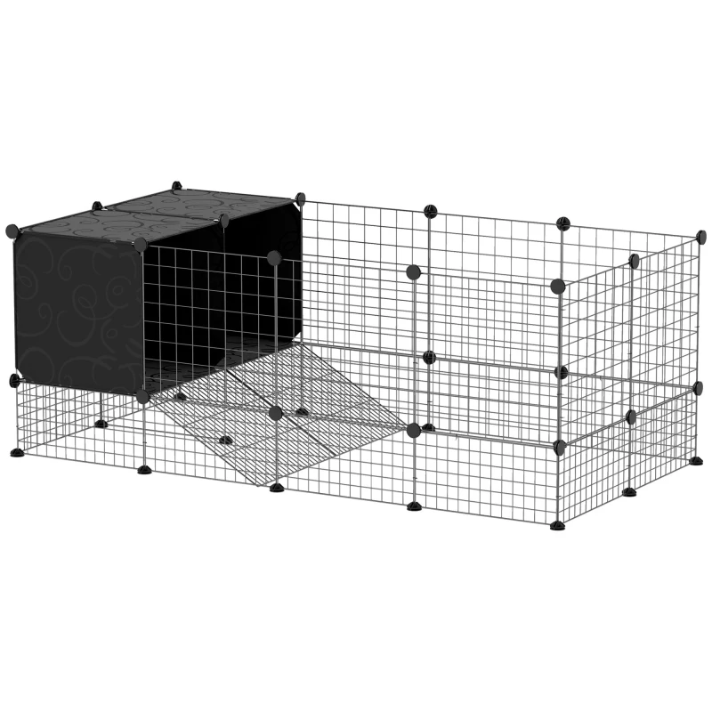 Image of PawHut DIY Small Animal Cage w/ Elevated Huts for Guinea Pigs, Rabbits Black