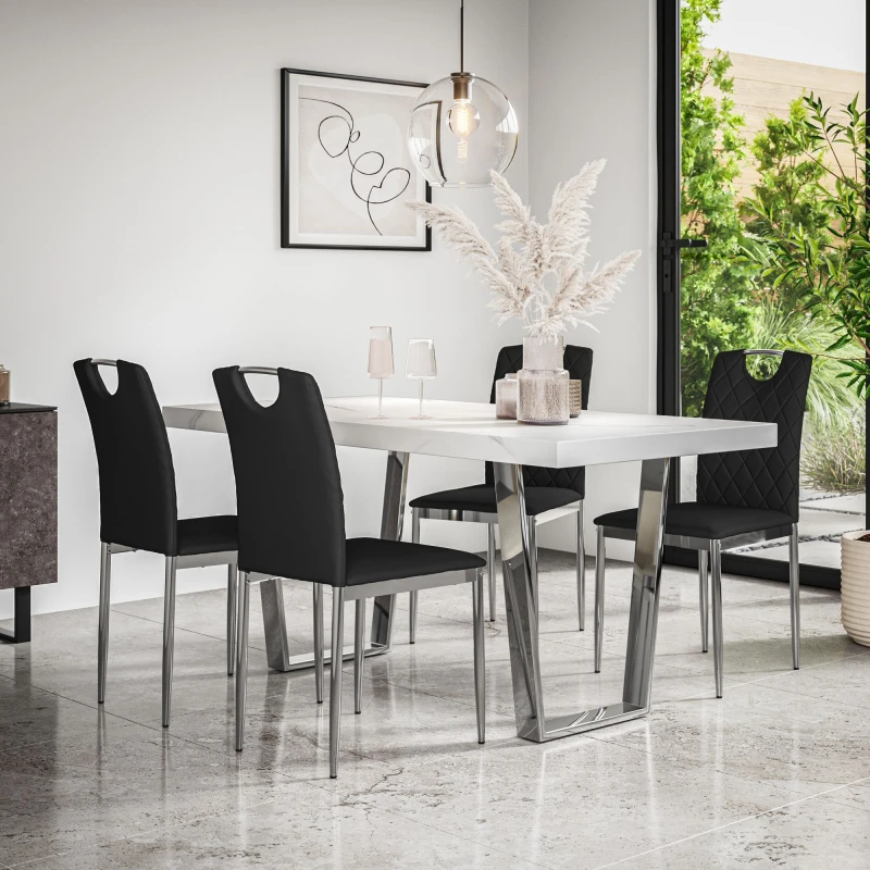 Image of More4Homes Aria Dining Table And Chairs - White Marble Effect Top W Chrome Legs + 6 Monza Faux Leather Dining Chairs W Chrome Legs (Black)
