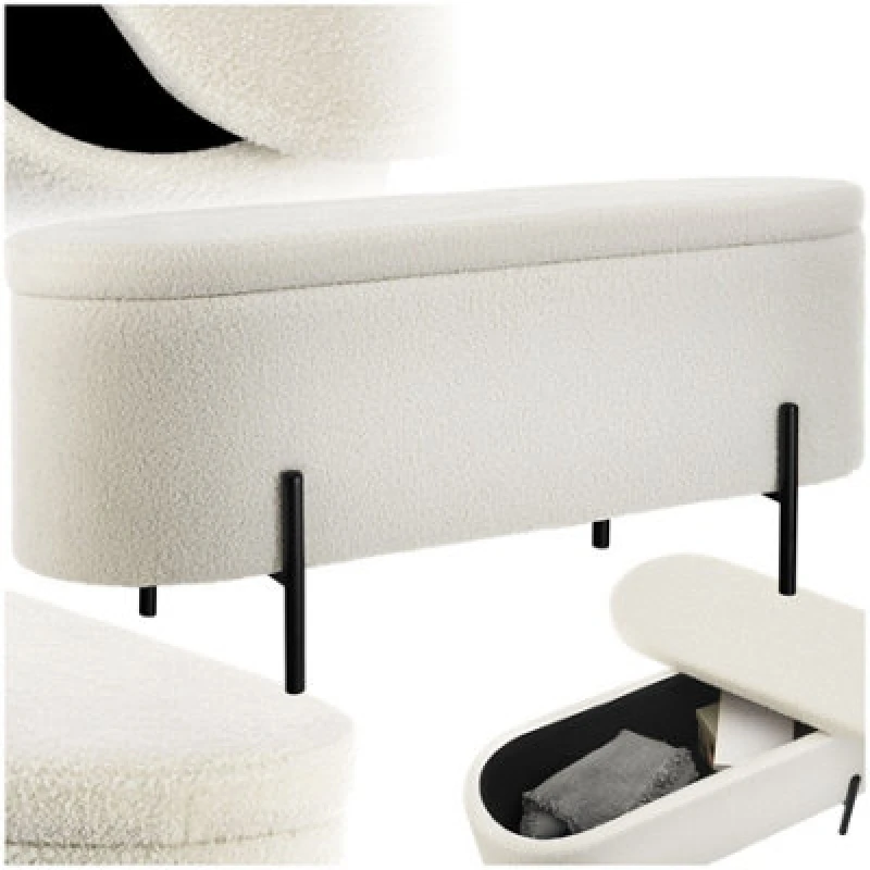Image of Tectake Hallway Bench Lanja - Upholstered, Cushioned, Built-In-Storage, 97 X 36 X 42cm - Boucle Cream-White
