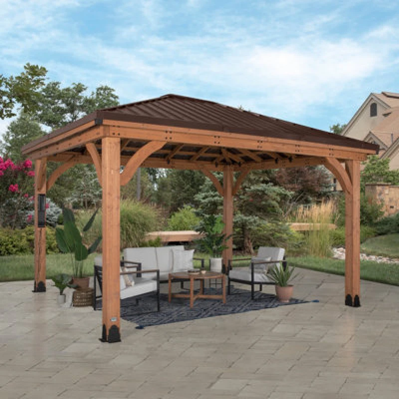 Image of Backyard Discovery Barrington Cedar Wood Outdoor Patio Gazebo With Powerport 4.3M X 3.1M (14ft X 10ft)