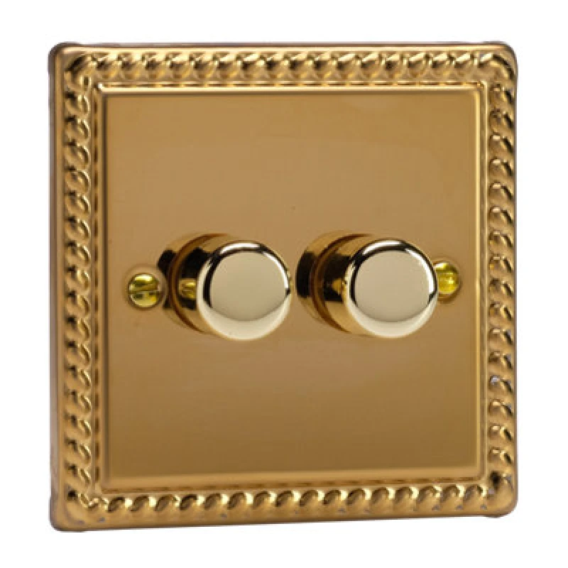 Image of Varilight Double V-Pro Rotary 2-Way LED Dimmer 2 X 0-120W - Classic Georgian Brass With Polished Brass Knob, Jgp252