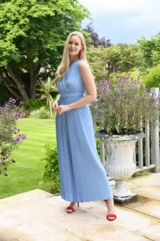 Image of Blue Pleated Jumpsuit With Belt