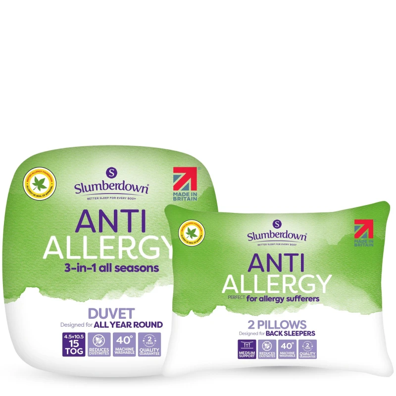 Image of Slumberdown Anti Allergy All Seasons Combi 15 Tog (4.5+10.5 tog) Duvet With 2 Medium Support Pillows White