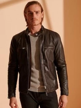 Image of Superdry Sports Leather Racer Jacket - Chocolate, Chocolate, Size 2XL, Men