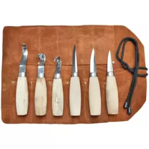 Image of Beber 6 Piece Wood Whittling Set in a Leather Tool Roll