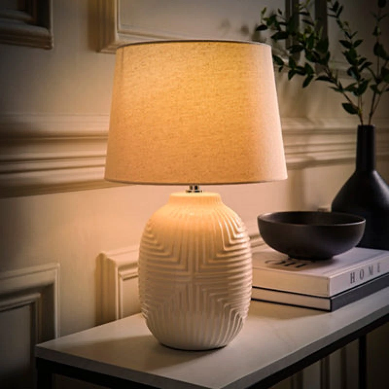 Image of ValueLights ValueLights Harrison Taper Shade White Geo Rib Pattern Gloss Table Lamp with Bulb Size: Medium White Medium Unisex 5059406066481
