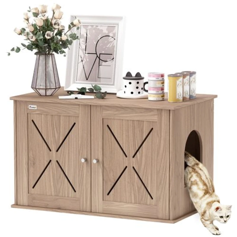 Image of PawHut Cat Litter Box Enclosure, Litter Box Furniture, Walnut Brown D31-110V00WN