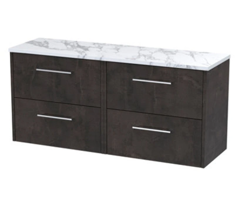 Image of Nuie Hudson Reed Juno Wall Hung 4-Drawer Vanity Unit & Carrera Marble Worktop, Countertop Basin Unit In Metallic Slate, 1200mm