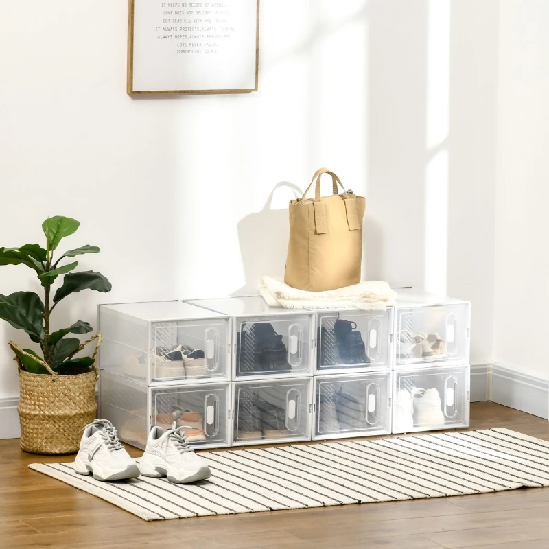 Image of HOMCOM 8PCS Stackable Clear Plastic Shoe Storage Box for UK/EU Size 8.5/43 Clear