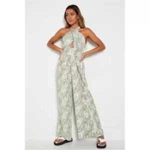 Image of I Saw It First Green Woven Snake Halterneck Sleeveless Jumpsuit - Green