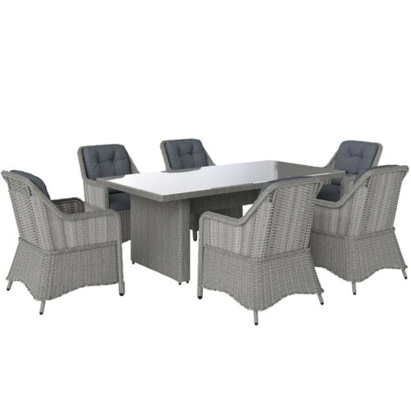 Image of Outsunny 6 Seater Rattan Dining Set with Glass Top Table and Cushions, Grey Grey