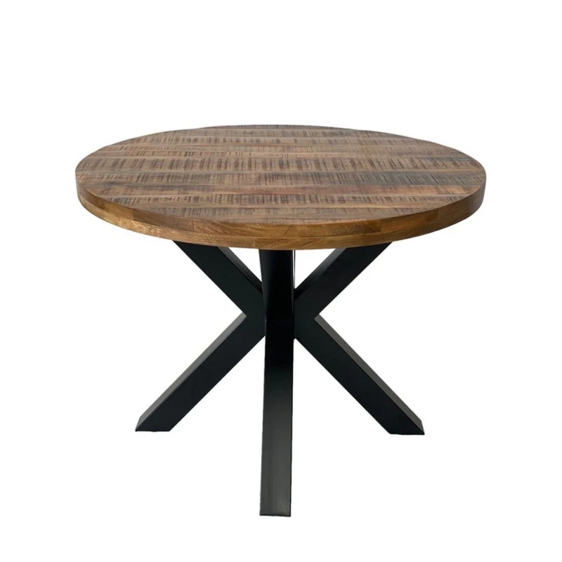 Image of Jaipur Furniture Ltd Industrial Round X Leg Dining Table - FLAT PACK LEGS - Mango Wood/Iron - L170 x W170 x H76cm - PP Sawn Finish - Assembly Brown U