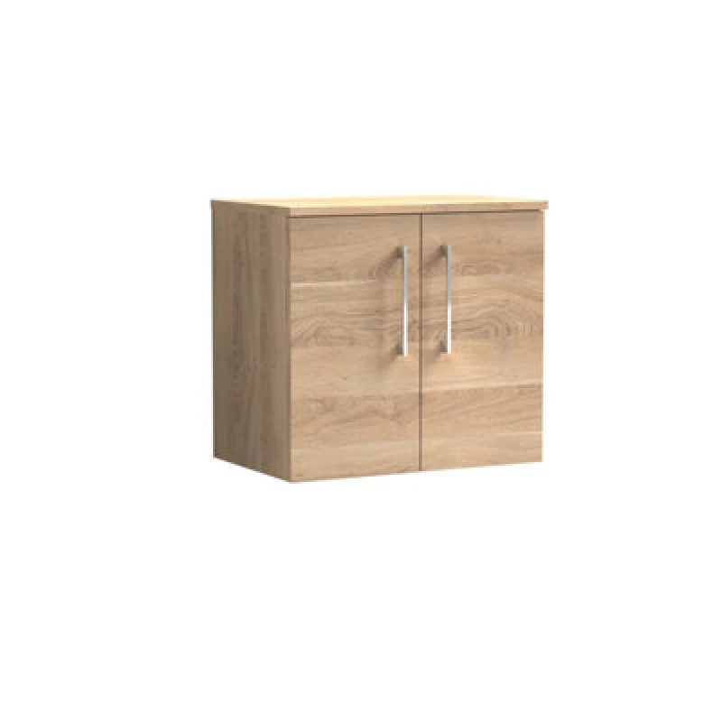 Image of Nuie Arno Wall Hung 2-Door Vanity & Bleached Cuneo Oak Worktop, Stylish Counter Top Vanity Unit In Bleached Oak, 600mm