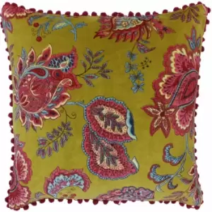 Image of Rivapaoletti - Riva Paoletti Malisa Paisley Indian Print Faux Velvet Pom Pom Fringed Cushion Cover, Lemon Curry, 50 x 50 Cm