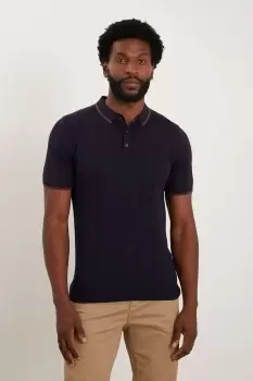 Image of Mens Slim Fit Navy Tipped Knitted Polo