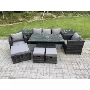 Image of Fimous 5 Seater Dark Grey Outdoor Wicker PE Rattan Dining Sofa Complete Set with Adjustable Table, 2 Stools and Big Footstools