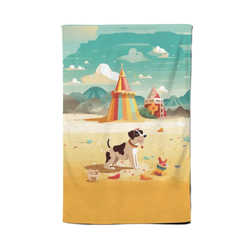 Image of Warren Reed - Designer Doggy On A Beach Holiday Tea Towel in Yellow Yellow Unisex