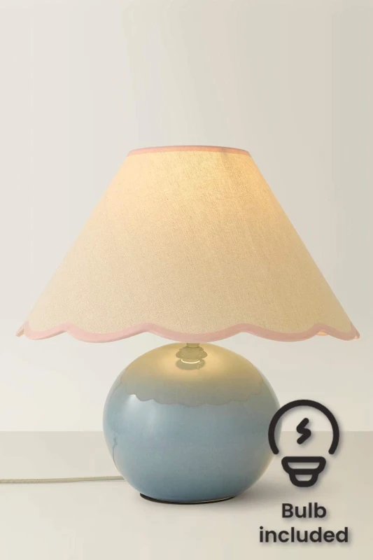 Image of ValueLights Bosco Eucalyptus Teal Ceramic Table Lamp with Linen Scallop Shade and LED Bulb Pink