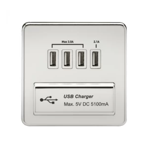 Image of KnightsBridge 1G Screwless Polished Chrome Quad USB 5V Charger Outlet - White Insert