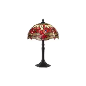 Image of 1 Light Octagonal Table Lamp E27 With 30cm Tiffany Shade, Purple, Pink, Crystal, Aged Antique Brass