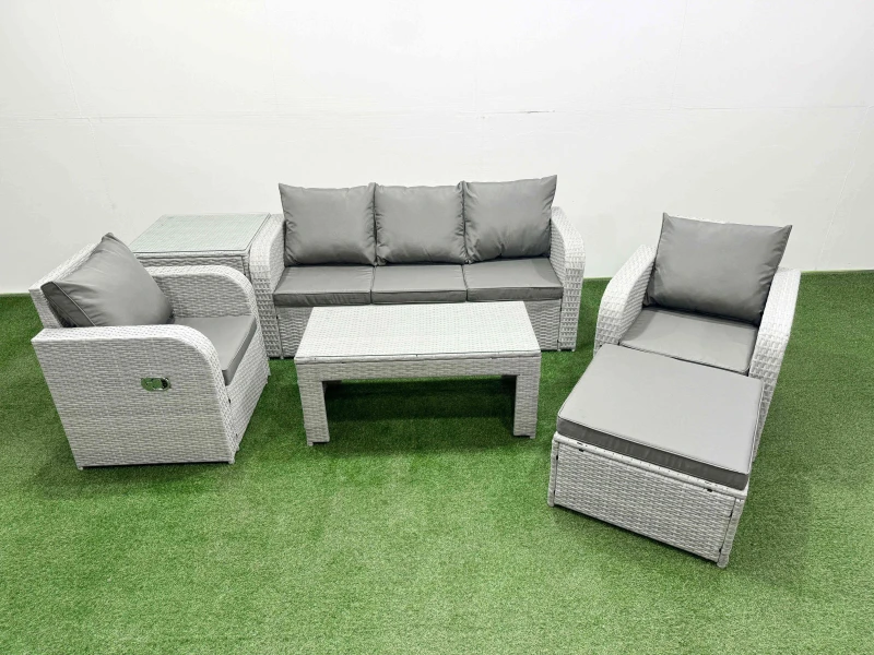 Image of Fimous PE Rattan Garden Furniture Set Reclining Chair Sofa Lounge Sofa Set Rectangular Coffee Table Side Table Big Footstool Light Grey Light Grey