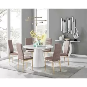 Image of Furniture Box Palma White High Gloss Round Dining Table and 6 Cappuccino Milan Gold Leg Chairs
