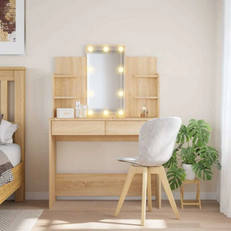 Image of vidaXL Dressing Table with LED Lights Sonoma Oak 96x40x142 cm, Brown 837894