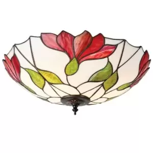 Image of Tiffany Glass Semi Flush Ceiling Light Red Flower Round Inverted Shade i00035
