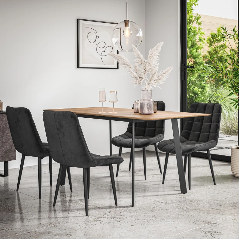 Image of More4Homes Haydon Extending Dining Table + Chairs- Oak Effect Table Top W Black Legs + Nova Velvet Dining Chair Set Of 4 (Black)